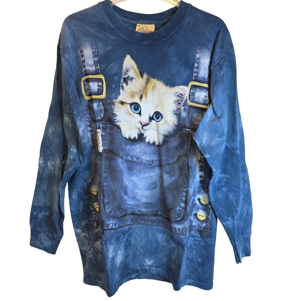 VTG Y2K The Mountain Long Sleeve Tee Shirt Cat Kitten Overalls Unisex Large Blue - Picture 2 of 10